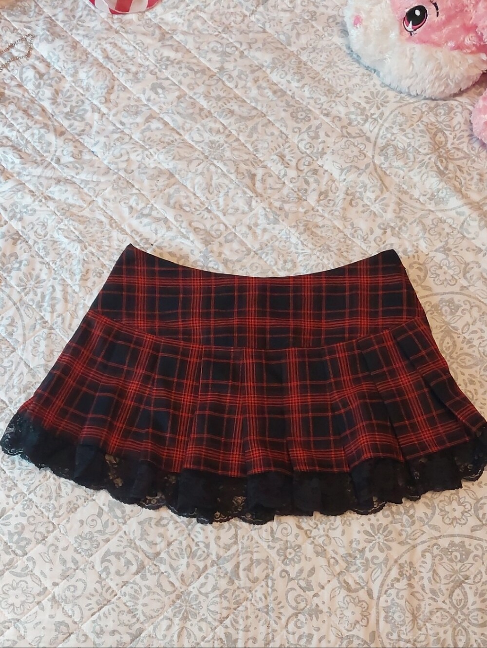 Current Mood Red and Black Plaid Skater Skirt with Lace Trim